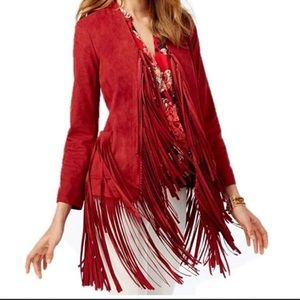 NWT INC Stunning FULL length sleeve Vegan Suede Ruby Red Fringe jacket